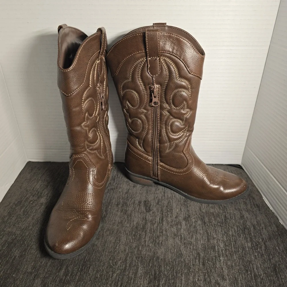 Cat And Jack Youth Size 3 Brown Montana Unisex Western COWBOY BOOTS w/ Side Zip